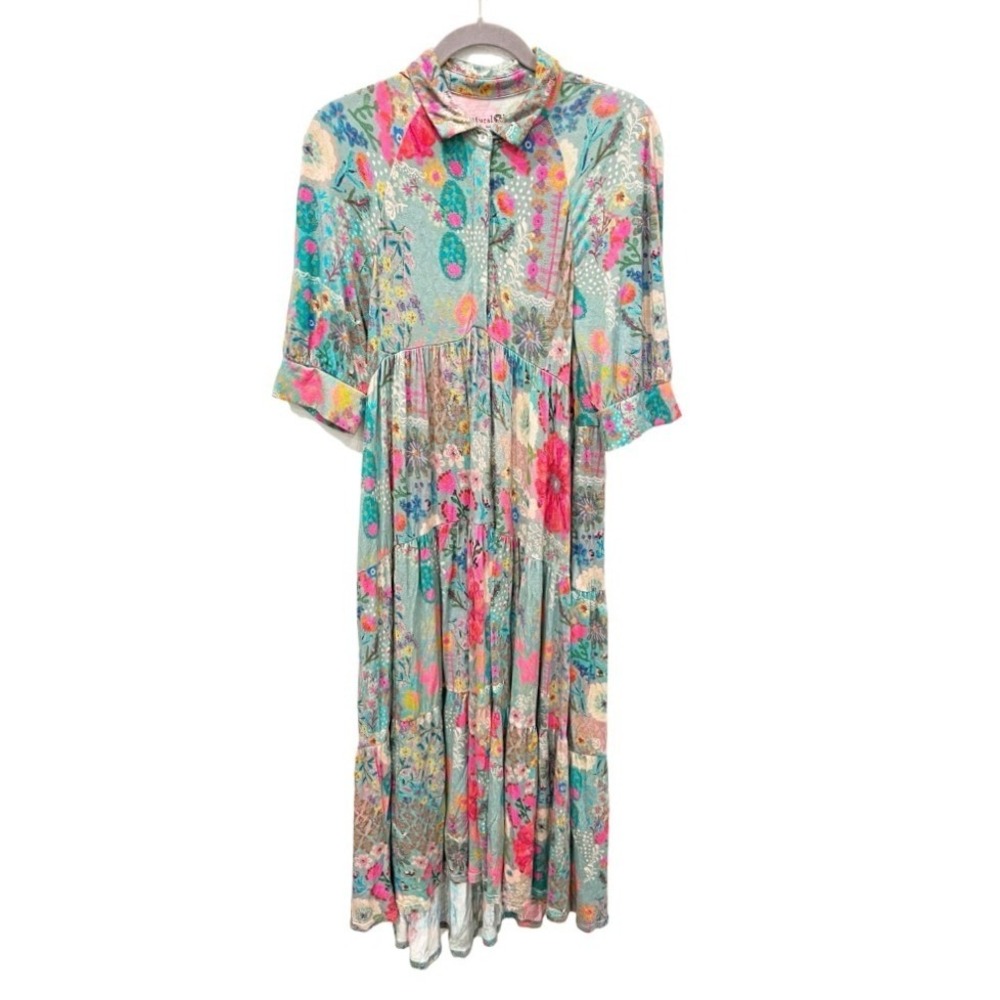 Natural Life Rebecca Butter soft Midi Dress Blue Garden Patchwork Small Boho